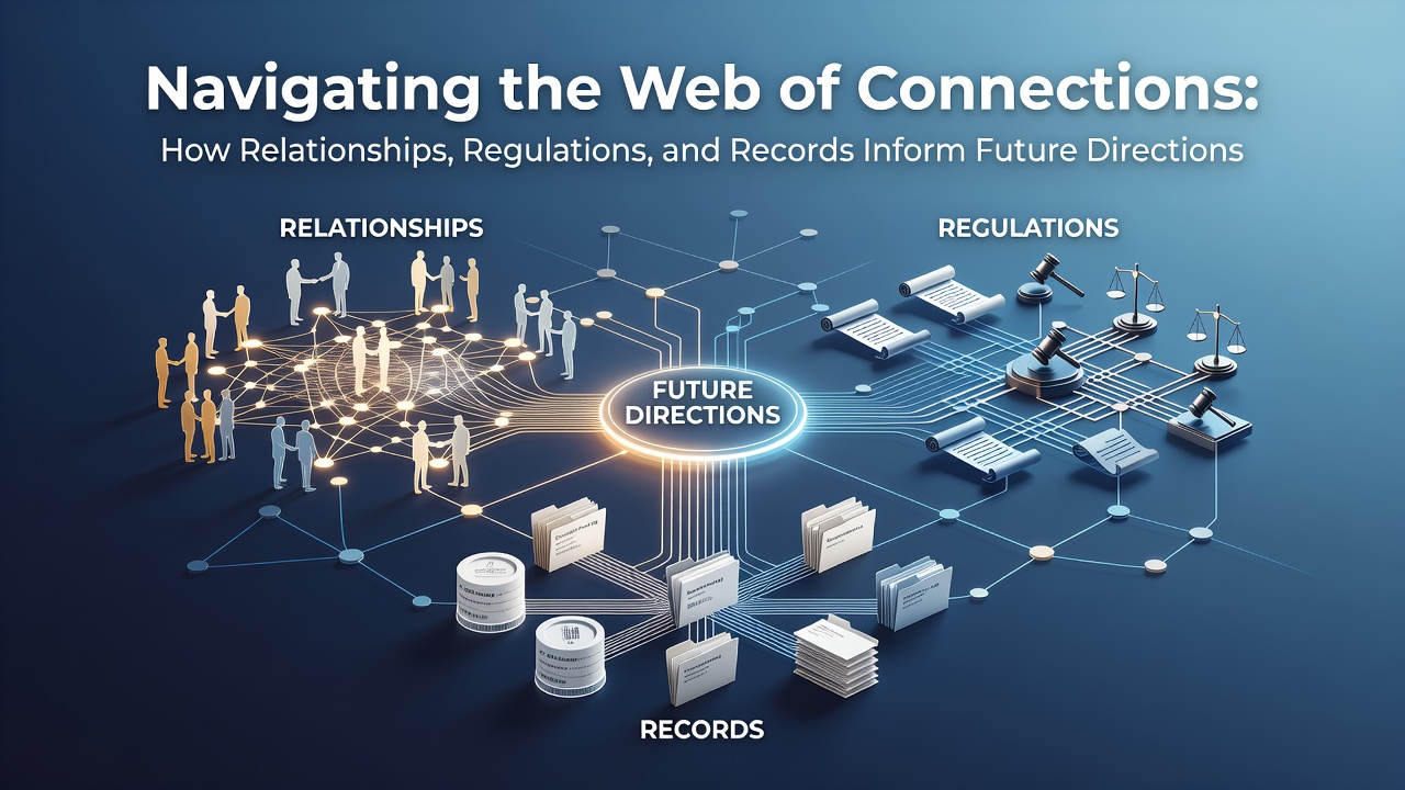 Visual representation of interconnected nodes showing relationships between data points, regulatory frameworks, and record systems