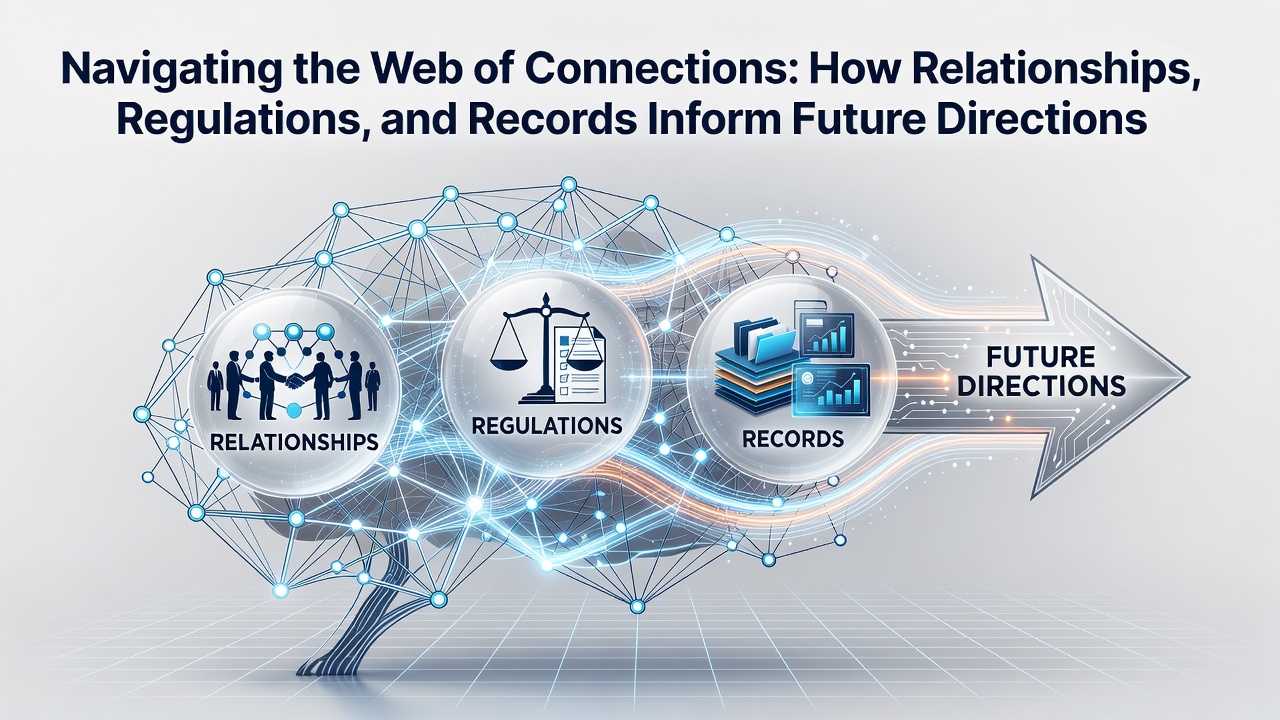 Diagram illustrating data records flowing through regulatory checkpoints and relationship networks